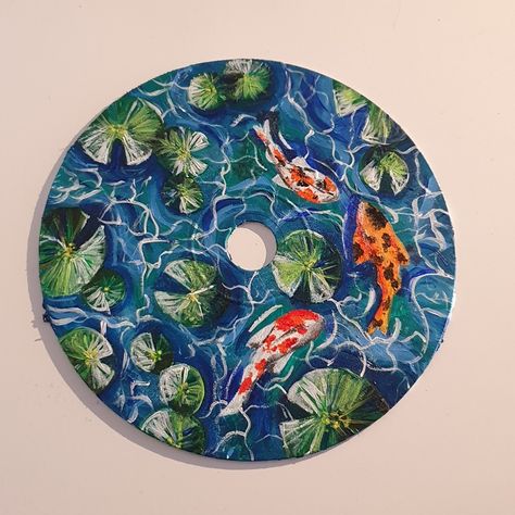 Lily Pad Pottery Painting, Koi Fish Pottery Painting, Koi Fish Pottery, Circle Paintings, Pond Drawing, Ceramic Plates Art, Clay Dish, Ceramic Cafe, Pond Painting