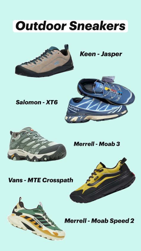 Shoes to get outside in 🌲🥾⛰️ - Jasper (Keen), XT6 (Salomon), Moab 3 (Merrell), MTE Crosspath (Vans), Moab Speed 2 (Merrell) Keen Jasper, Merrell Moab, Get Outside, Sneakers, Quick Saves