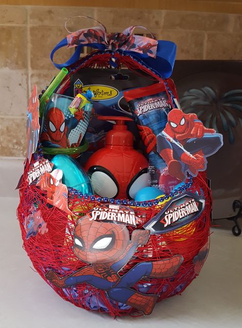 Spider-Man Easter Gift Basket Made It For   My Grandson Jordan . Norma's Unique Gift Baskets. Spider Man Easter Basket, Man Easter Basket, Spiderman Easter Basket, Mens Easter Basket, Easter Basket Themes, Black Christmas Decorations, Easter Baskets To Make, Spiderman Svg, Spiderman Gifts