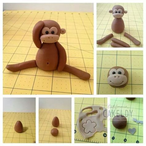 Mono Fondant Monkey, Zoo Cake, Cupcake Tier, Monkey Cake, Jungle Cake, Safari Cakes, Cake Topper Tutorial, Fondant Animals, Fondant Cake Toppers