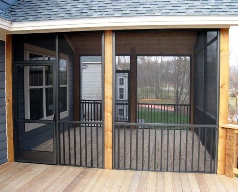 Bronze Screen Porch Walls with safety railing under a shingled roof 3- season room addition Maple Grove, MN 3 Season Room Addition, Walled Patio, Patio Under Decks, Shingled Roof, Screened In Porch Diy, Screened Porch Designs, 3 Season Room, Screen Wall, Porch Plans