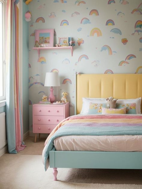 Transform your bedroom into a playful kidcore haven with whimsical touches like a giant stuffed animal as a centerpiece and a vibrant rainbow wallpaper. Add a touch of nostalgia with vintage toys displayed on shelves and incorporate pastel furniture for a dreamy aesthetic. Pastel Rainbow Bedroom, Kidcore Bedroom, Vintage Toy Display, Kidcore Room, Pastel Furniture, Giant Stuffed Animals, Rainbow Bedroom, Dreamy Aesthetic, Toy Display