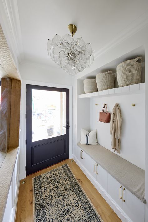 Mudroom drop zone in Hamptons style home Sculptural Lamp, Hallway Seating, Front Hallway, Statement Chandelier, Hallway Bench, Loft Storage, Hall Runner, Entry Hallway, Beacon Lighting