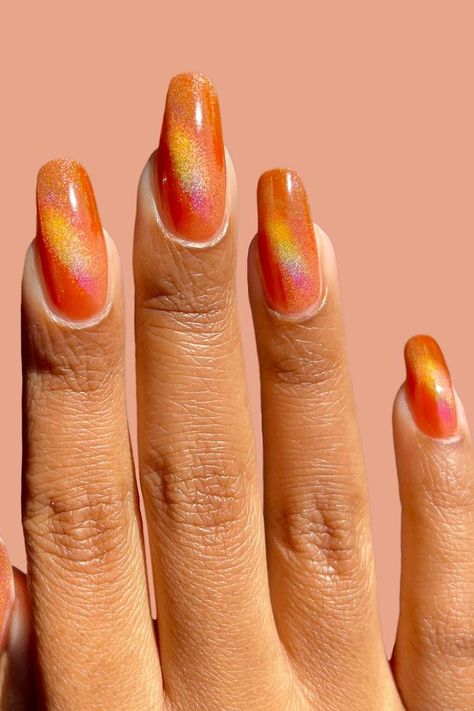 3d Nail Art Designs, Orange Nail Polish, Orange Nail, Orange Cocktails, Perfect Cat Eye, Cirque Colors, Holographic Nail Polish, Cat Eye Nails, Orange Nails