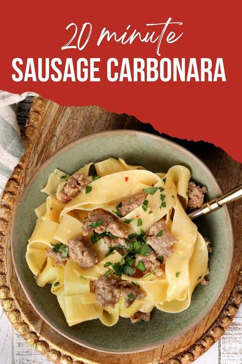 Sausage Carbonara Pasta, Sausage Carbonara, Creamy Bacon Carbonara, Traditional Carbonara Recipe, Recipe For Sausage, Chicken Sausage Pasta, Weeknight Pasta, Lemon Garlic Pasta, Ground Italian Sausage