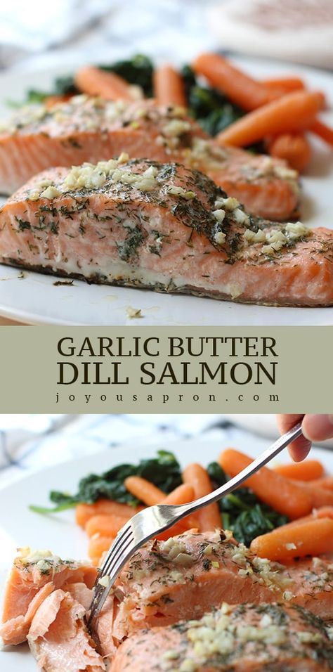 Garlic Butter Dill Salmon - easy, light and healthy seafood meal for any day! Paleo and gluten free as well! #salmon #seafood #garlic #butter #fish #dill #dinner #easy #healthy #light #paleo #glutenfree #recipe #joyousapron Dinner Easy Healthy, Salmon In Foil Recipes, Butter Fish, Seared Salmon Recipes, Dill Salmon, Garlic Butter Salmon, Butter Salmon, Seafood Recipes Healthy, Healthiest Seafood