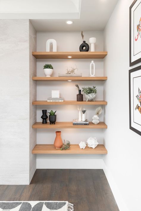 Wall Niche Ideas Living Room, Niche Ideas Living Room, Corner Shelves Bedroom, Uni Room Ideas Uk, White Oak Floating Shelves, Uni Room Ideas, Home Gel Nails, Living Room Nook, Wall Shelves Living Room