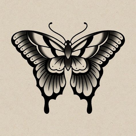 Butterfly Ditch Tattoos, Traditional Tattoo Tramp Stamp, American Traditional Tattoos Men Black, American Butterfly Tattoo, Traditional Butterfly Tattoo Design, Trendy Tattoos For Women, Traditional Butterflies, Butterfly Tattoos Design, American Traditional Tattoos Women