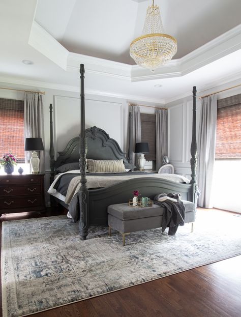 Interior Design Grey Floor, Electronics Photography, Culinary Kitchen, Bed Makeover, Kitchen Photography, Bedroom Reveal, Light Grey Walls, Four Poster Bed, One Room Challenge