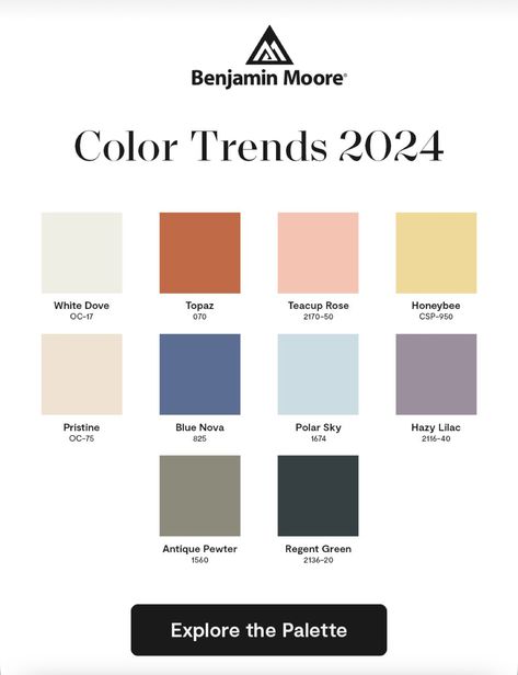 Benjamin Moore Color Palette, Palette Design, Color Trends Fashion, Benjamin Moore Colors, 2024 Color, Color Palette Design, Trends 2024, Paint Colors For Home, Blog Design