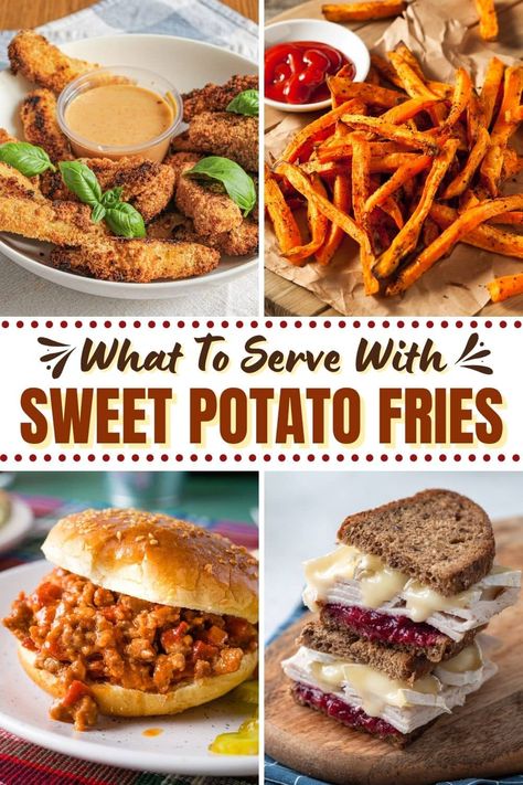 Wondering what to serve with sweet potato fries? We've got your back! From creamy dips to hearty meal pairings, we have everything you need. Meal With Sweet Potato Fries, Dinner With Sweet Potato Fries, What Goes With Sweet Potato Fries, Sweet Potato Pairings, Meals With Fries As A Side, What To Eat With Sweet Potato Fries, Sweet Potato Fries And Chicken, What To Serve With Sweet Potatoes, Sweet Potato Fries Meal