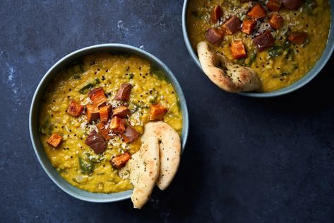 Black Daal Recipe, Spicy Dal, Anna Jones Recipes, Roasted Sweet Potato Cubes, Dhal Recipe, Anna Jones, Dal Recipe, Coconut Chutney, Vegetable Puree