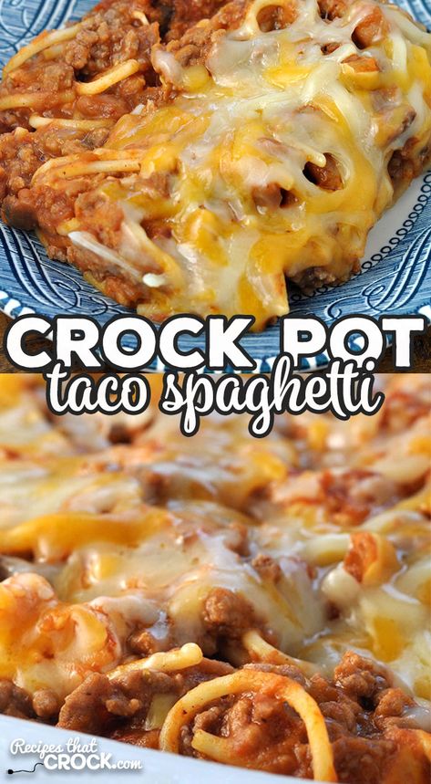 This Crock Pot Taco Spaghetti recipe is easy to throw together and tastes fantastic! Everyone from the youngest to the oldest at your table will love it! Taco Spaghetti Recipe, Mexican Food Recipes Beef, Crockpot Spaghetti, Hashbrown Casserole Recipe, Crockpot Pasta, Taco Spaghetti, Crockpot Casserole, Crock Pot Tacos, Slow Cooker Tacos