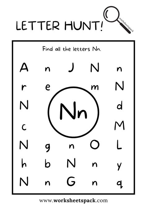 Find the Letter N Worksheet, Alphabet N Hunt Activity Free Printable for Kids - Printable and Online Worksheets Pack Letter Hunt Printable Free, N Worksheets For Preschool, Letter N Worksheets For Preschool, Letter N Printable, Alphabet Letter Hunt, Letter N Activities, Letter E Activities, Letter N Worksheet, Worksheet Alphabet