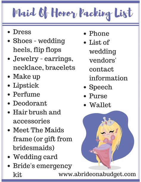 Maid Of Honor Packing List | A Bride On A Budget Maid Of Honor Responsibilities, Bride Emergency Kit, Wedding Maids, Maid Of Honor Speech, Wedding Flip Flops, Bridesmaid Duties, Event Planning Tips, The Maid, Wedding List