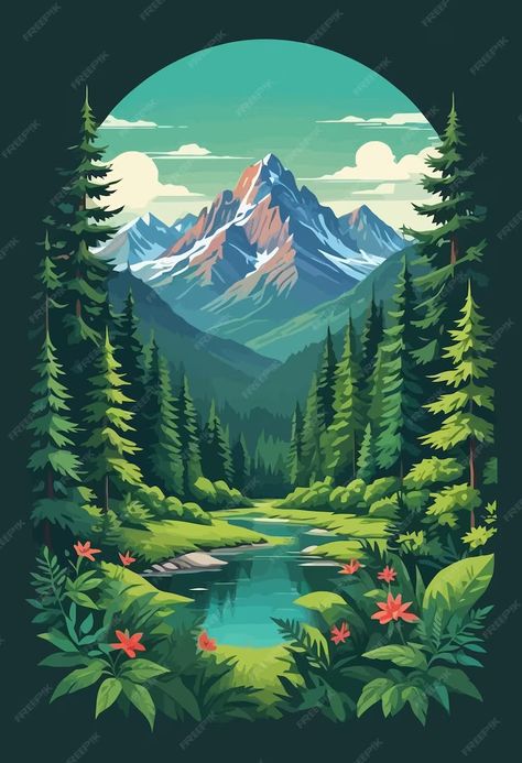 Premium Vector | A mountain stream with a river and mountains in the background River Illustration, River Flow In You, Mountain Background, Tshirt Illustration, Mountain Stream, Cool Wallpapers Art, Stationery Templates, Flyer Maker, Card Banner