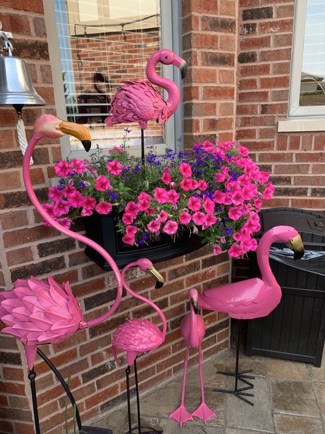 Flamingo Yard Decor, Flamingo Projects, Outdoor Couch Diy, Yard Flamingos, Pink Flamingo Party, Summertime Decor, Flamingo Craft, Front Yard Decor, Flamingo Garden