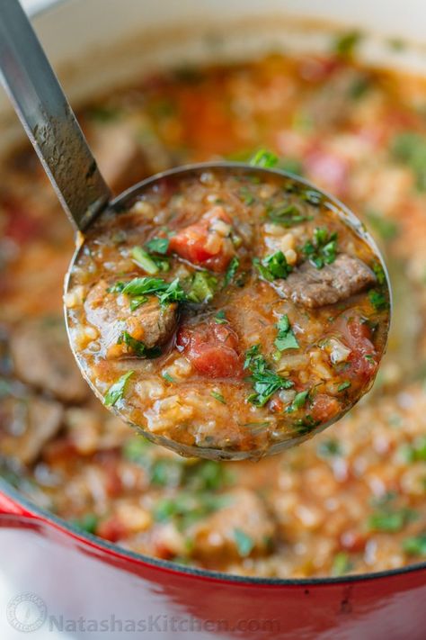 Beef Soup (Kharcho) Recipe - NatashasKitchen.com Beef And Tomato Soup, Georgian Cuisine, Georgian Food, Beef Soup Recipes, Tomato Broth, Ukrainian Recipes, Beef Stew Meat, Soup And Stew, Beef Soup