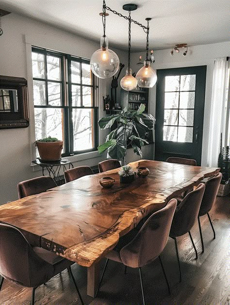 25 Rustic Dining Rooms To Inspire You Wooden Rustic Dining Table, Industrial Chic Dining Table, Live Edge Interior Design, Dining Room With Wood Table, Wood Rustic Table, Wooden Table With Chairs, Western Dinning Room Table, Rustic Wooden Table Dining, Big Wooden Dining Table