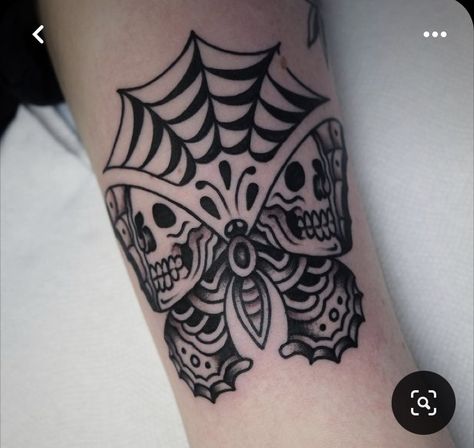 Traditional Blackwork Butterfly Tattoo, Gap Filler Tattoo Ideas Women, Butterfly Spider Web Tattoo, Traditional Bold Black Tattoos, Skull Butterfly Tattoo Traditional, Traditional Tattoos Spider Web, Spooky Traditional Tattoo Black, Traditional Tattoo Inspiration Women, Unique Traditional Tattoo Black