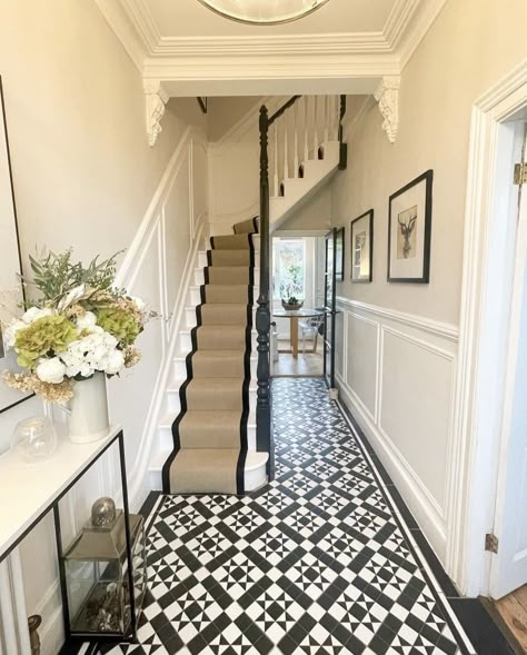 Victorian Terrace Hallway, Edwardian House Renovation, Edwardian Hallway, Stairs And Hallway Ideas, Hallway Tiles Floor, Victorian House Interiors, Victorian Hallway, Tiled Hallway, House Staircase