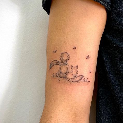 Wildflowers | Fine Line Tattoo on Instagram: "The Little Prince and the fox 🌙🦊 ✨👦⭐️ #littleprince #illustrativetattoo #whimsicalart #finelinetattoo #torontotattoo #qttr #queerartist #daintytattoo #bookillustration" Wildflowers Tattoo, Little Prince Tattoo, Whimsical Tattoos, Prince Tattoos, Freedom Tattoos, Fine Line Tattoo, Friendship Tattoos, Fox Tattoo, Line Tattoo