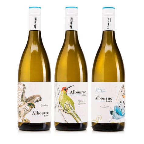 Birds and butterfly illustration for British wine producer Albourne Estate by Louise Body. Wine Etiquette Design, Wine Bottle Lables, Vine Label, White Wine Labels, Winery Logo, Wine Advertising, Wine Marketing, Wine Bottle Label Design, Wine Package