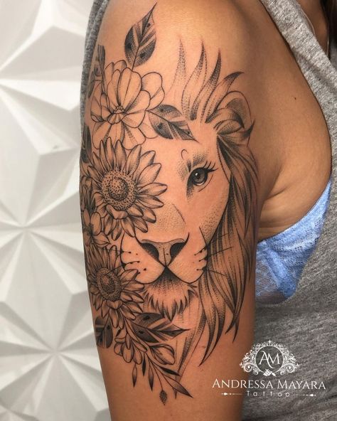 Mysterious Tattoo Ideas, Lion Tattoo With Flowers, Leo Lion Tattoos, Simple Lion Tattoo, Lioness Tattoo Design, Female Lion Tattoo, Lion Shoulder Tattoo, Cute Shoulder Tattoos, Mysterious Tattoo