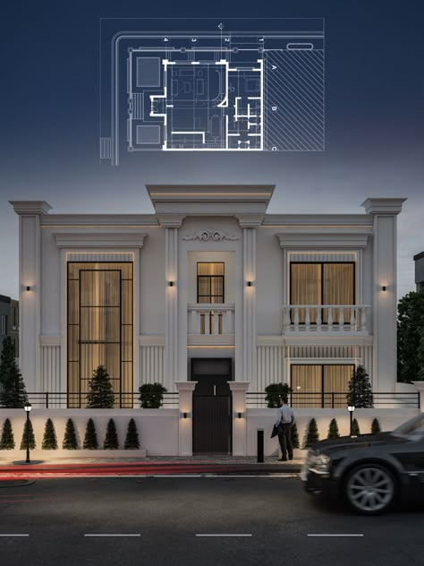 Front Elevation Classic Designs, New Clasic Houses, Classic House Designs Exterior Front Elevation, Neo Classic House Design, New Classic Elevation Villa, Classic Villa Design Exterior, Village House Design Classic, Modern Facade Architecture, New Classic Villa Exterior Design