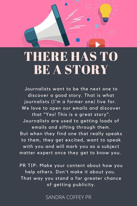 Finding your story can be difficult. Especially finding a story that interests journalists. I get it. I've been on both sides, as a journalist looking for stories and as a PR looking to send in stories. But this tip is a major one to change how you find your story. Think about how your product or service helps other people. Start from there and you'll find a very good story that journalsits will want to write about. I Get It, Helping Other People, Get Excited, Great Stories, Getting To Know You, Getting To Know, Helping Others, I Got This, Other People