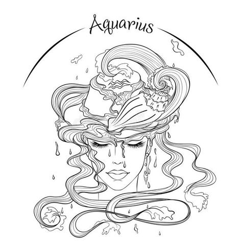 Japanese tattoo art for Aquarius Aquarius Images Art, Witchy Aquarius Tattoo, Aquarius Tattoo Stencils, Aquarius Design Art, Aquarius Line Art, Aquarius Women Tattoo, Aquarius Drawing Zodiac Art, Aquarius Coloring Pages, Aquarius Art Goddesses