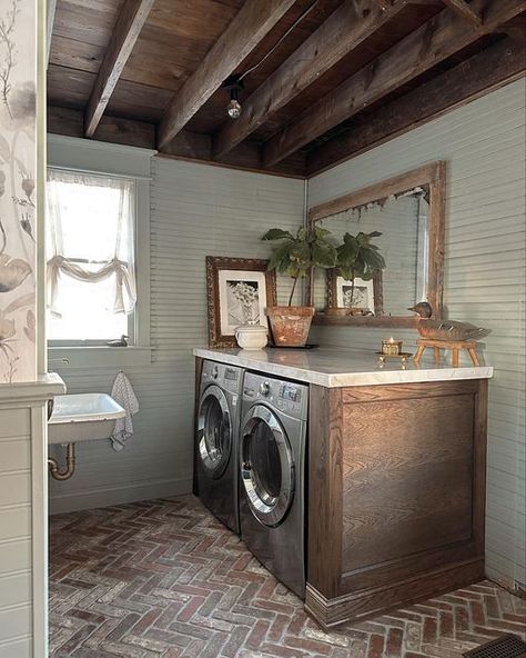 kasey galik on Instagram: "Finished the washer & dryer surround! Swipe to see how far we’ve come 🥳 ⁣ We found this marble top on marketplace for $150, cut it to size and Brandon built an oak frame around it to give a more built in appearance. All the storage we took out of the mudroom is now in the kitchen banquette but still thinking about adding a few shelves in this space. ⁣ Paint - Evergreen Fog ⁣ Stain - Minwax Dark Walnut ⁣ Floor - Old Mill Brick Rushmore ⁣ ⁣" Washer Dryer Surround, Old Mill Brick Rushmore, Dark Walnut Floors, Old Mill Brick, Evergreen Fog, Minwax Dark Walnut, Kitchen Banquette, Walnut Floors, Washer Dryer