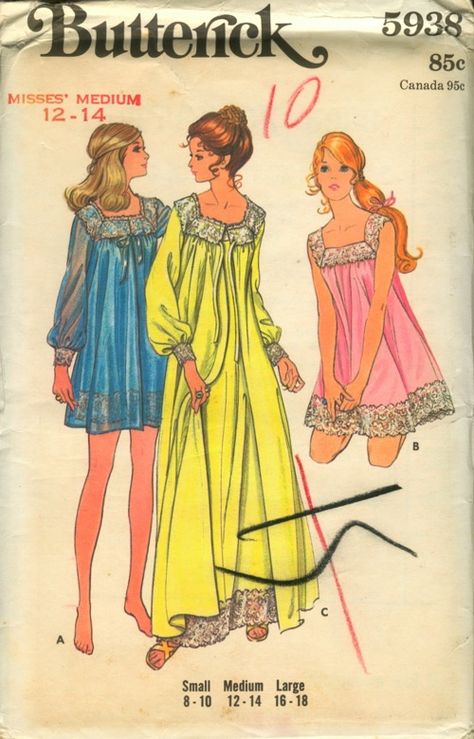 PATTERN Butterick 5938 1970s Misses' Nightgown & Robe Nightgown And Robe, Nightgown Pattern, Nightgown Robe, Vintage Dress Patterns, Butterick Pattern, Butterick Sewing Pattern, Womens Sewing Patterns, Sewing Pattern Sizes, Nightgowns