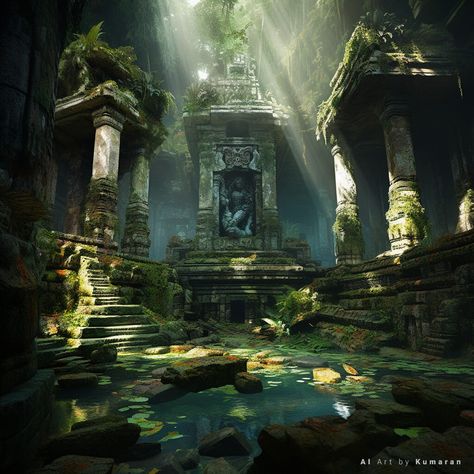 Cave House Concept Art, Abandoned Temple Concept Art, Old Ruins Art, Fantasy Temple Aesthetic, Forest Ruins Fantasy Art, Temple Ruins Art, Underground Ruins, Forest Deity, Story Setting Ideas