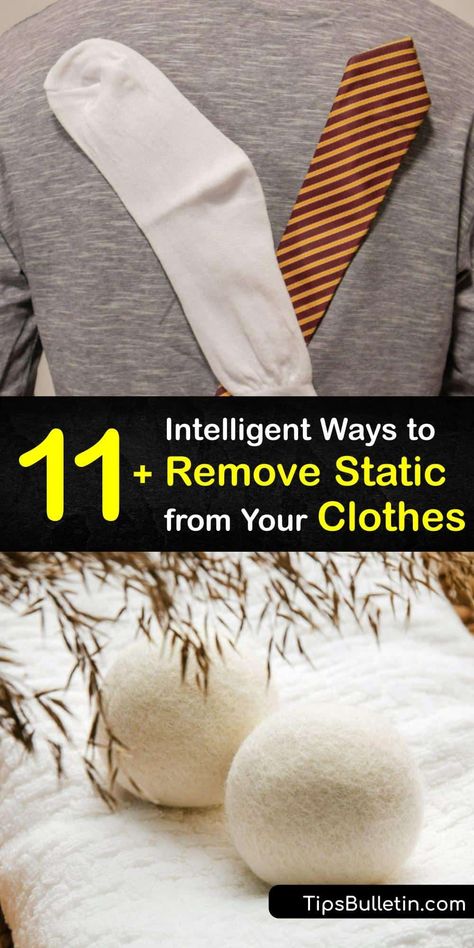 Static electricity builds up in clothes and other synthetic fabrics to cause static cling and static shocks. Get rid of static cling with household items like wool dryer balls, dryer sheets, and aluminum foil. #get #static #out #clothes How To Get Rid Of Static Cling, Natural Static Reducer For Dryer, Dryer Balls Static Tips, How To Remove Static From Clothes, How To Get Static Out Of Clothes, Get Rid Of Static In Clothes, How To Get Rid Of Static On Clothes, Static Cling Remedy Clothes, Remove Static From Clothes