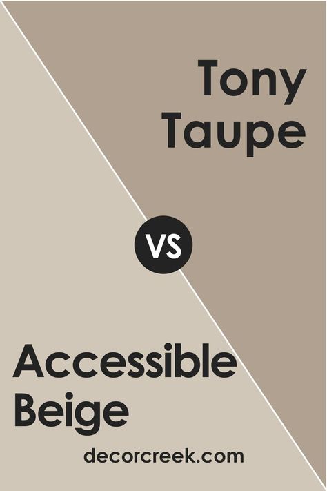 SW Tony Taupe is a much deeper, darker color than Accessible Beige. Its rich taupe undertones lend it a stronger presence, making it a suitable choice for rooms where a more dramatic, intense look is desired. On the other hand, Accessible Beige, with its balanced undertones of taupe and gray, is more subdued and softer, imparting a serene, relaxing feel. Sw Tony Taupe, Tony Taupe Sherwin Williams, Tony Taupe, Accessible Beige Sw, Accessible Beige Sherwin Williams, Taupe Living Room, Taupe Paint Colors, Taupe Bedroom, Taupe Flats