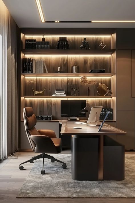 Modern home office with wooden desk, ergonomic chair, computer, bookshelf with decorative items and warm lighting. Small Office Cabin Design, Home Office Nook Ideas, Executive Office Design Interior, Office Cabin Design, Executive Office Design, Small Office Design Interior, Small Office Design, Small Workspace, Cozy Home Office