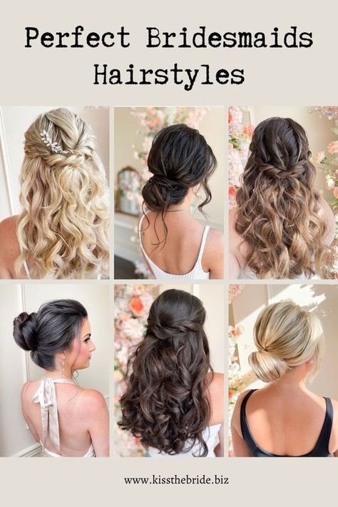 Bridesmaids Hairstyles For One Shoulder Dress, Hair For Wedding Bridesmaid Half Up, Hair And Make Up For Bridesmaid, Half Updo For Bridesmaid, Hair Half Way Up Styles, Bridesmaids Hair Down Style, Haïr Style Medium Hair Wedding, Bridesmaid Hair And Make Up, Hair Styles For Maid Of Honor Medium Hair