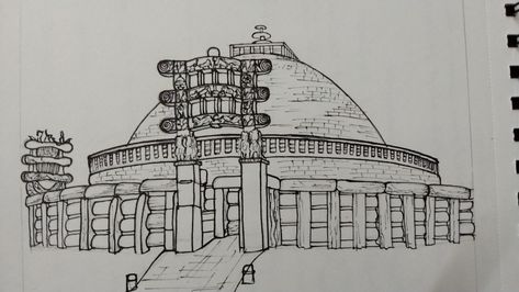 Buddhist Architecture Sketches, Sanchi Stupa Drawing, Sanchi Stupa Sketch, Temple Sketches Indian Easy, Stupa Drawing, Bubble Diagram Architecture, Sanchi Stupa, Bubble Diagram, Buddhist Architecture