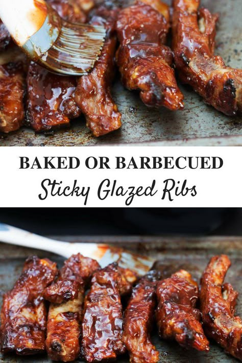 Sticky Spare Ribs Recipe, Sticky Ribs Recipe, Ribs Recipe Oven, Sticky Pork Ribs, Sticky Ribs, Cookout Recipes, Ribs Bbq, Glazed Ribs, Ribs In Oven