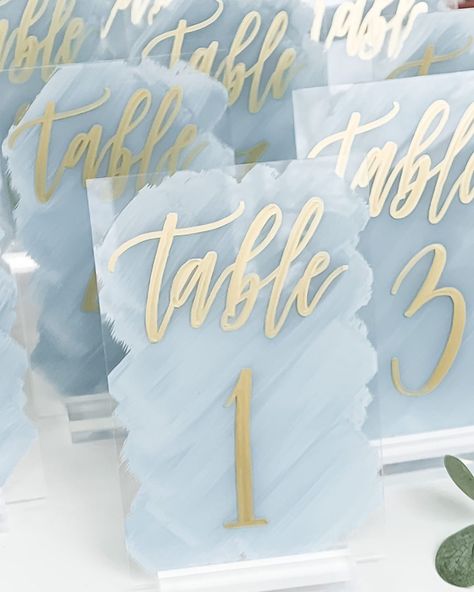 Buffet Signage, Acrylic Calligraphy, Blue And Gold Wedding, Wedding Table Number Signs, Baby Blue Weddings, Acrylic Table Numbers, Blue Wedding Decorations, Acrylic Table Number, Light Blue Wedding