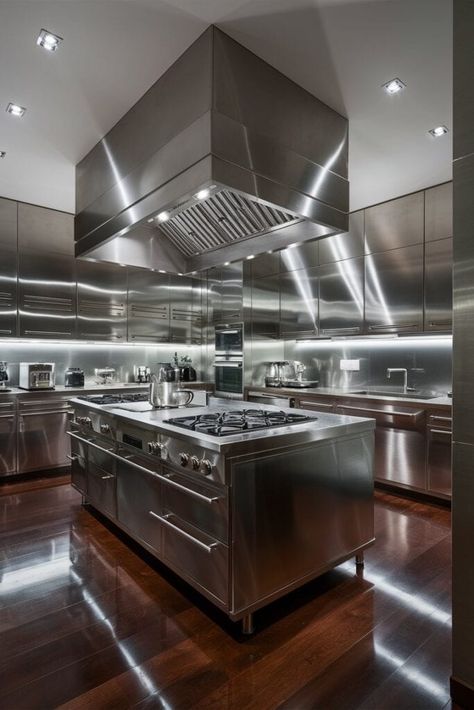 21 Stainless Steel Kitchen Inspirations to Transform Your Space Kitchen Industrial Style Stainless Steel, Industrial Kitchen Design Stainless Steel, Stainless Steel Kitchen Ideas, Chef Kitchen Home, Steel Kitchen Design, Commercial Kitchen Layout, Stainless Steel Kitchen Design, Chefs Kitchen Design, Large Kitchen Design