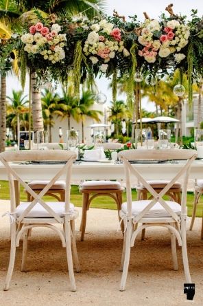 Andaz Mayakoba Wedding, Andaz Mayakoba, Mayakoba Wedding, White Wooden Chairs, Tropical Wedding Reception, Hanging Florals, Wedding Tropical, Mexico Destination Wedding, Riviera Maya Weddings