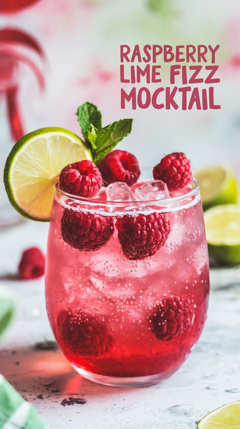 "Elevate your summer gatherings with this delightful Raspberry Lime Fizz  Mocktail recipe! Perfect for those seeking non-alcoholic drinks, this  refreshing beverage combines the vibrant flavors of raspberry and lime,  making it an ideal choice for hot days. Discover how to create this easy  and delicious mocktail that will impress your guests. Perfect for any  occasion, this fruit fizz recipe is a must-try in your collection of  mocktail recipes!" Cute Nonalcoholic Drinks, Scooters Drinks Recipes, Asian Drinks Non Alcoholic, Fun Mocktails Non Alcoholic, Raspberry Mocktail Recipe, Fun Drink Recipes Non Alcoholic, Fun Drinks To Make Non Alcoholic, Red Mocktails Non Alcoholic, Mommy Mocktail