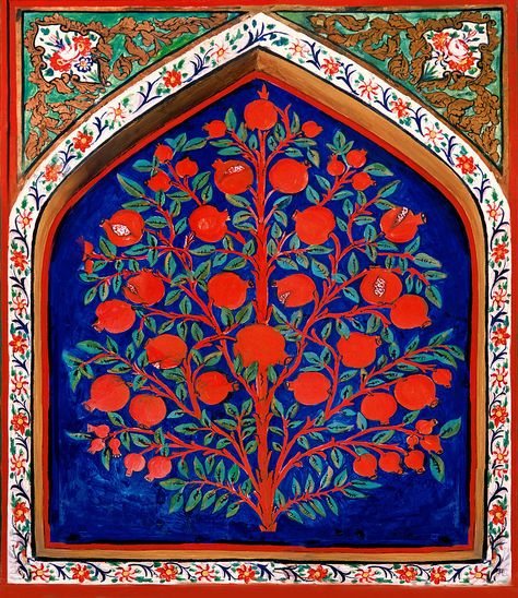 Pomegranate Art, Archangel Metatron, Tree Study, Persian Art Painting, Sacred Tree, Islamic Art Pattern, Soyut Sanat Tabloları, Iranian Art, Central Asia