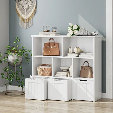 Rosecliff Heights Aliyannah 39.4"W x 35.4'' H Cube Bookcase | Wayfair Freestanding Bookcase, Drawers On Wheels, Toy Storage Organizer, Cabinet For Living Room, 3 Drawer Storage, Storage Cubby, Cube Toy, Toy Storage Organization, Cube Bookcase