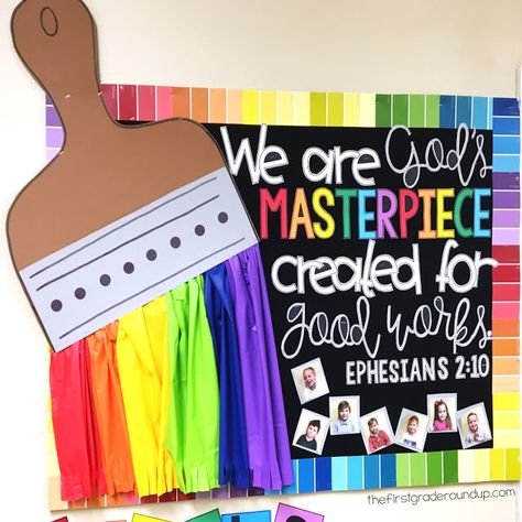 Paintbrush Bulletin Board, Sunday School Classroom Decor, Rainbow Theme Classroom, Preschool Classroom Themes, Sunday School Decorations, Sunday School Rooms, God's Masterpiece, Preschool Rooms, Sunday School Classroom