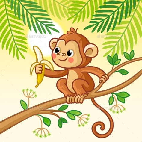 Monkey Sits on a Tree and Eats a Banana by svaga | GraphicRiver Drawings Of Monkeys, Monkey Drawing, Monkey Illustration, Monkey And Banana, Cartoon Monkey, Pet Monkey, Cute Monkey, A Banana, Tree Drawing