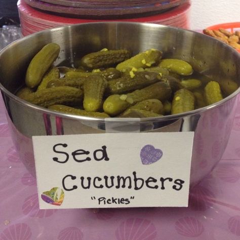 Mermaid food: pickles as sea cucumbers! so cute! Sea Cucumbers, Mermaid Food, Blonde Halloween, Fishing Themed Birthday Party, Woman Costumes, Mermaid Costumes, Ocean Birthday Party, Spongebob Birthday Party, Shark Themed Birthday Party