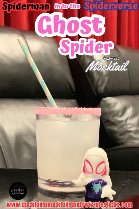 This image shows a white drink with a pink rim and a teal striped straw in front of a home movie theater with a ghost spider character in front of it. Spider Food, Disney Inspired Cocktails, Spider Theme, Spiderman Spiderverse, Disney Dinner, Spidey And His Amazing Friends, Friends Drinks, Ghost Spider, Spiderman Party